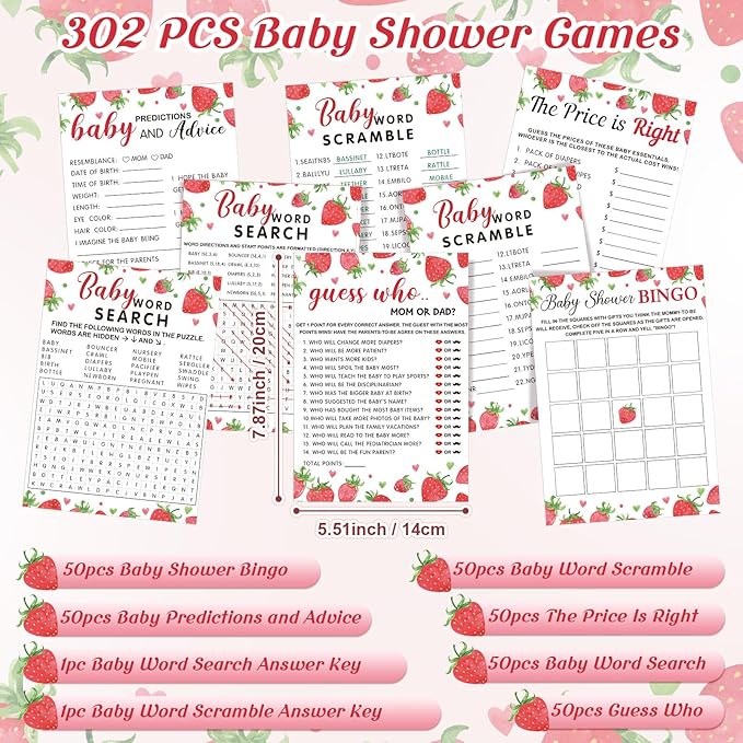Jetec Strawberry Theme Baby Shower Games - 6 Games, 50 Sheets Each - Baby Shower Bingo, Word Scramble, Word Search, Predictions and Advice, The Price is Right, Guess Who