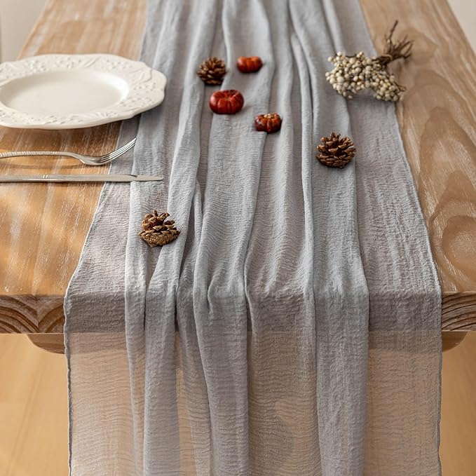 3pcs Dusty Blue Gauze Rustic Cheesecloth Table Runner 120 Inch 10 FT for Wedding Baby Shower Bridal Shower Birthday Engagement Garden Outdoor Party Long Sheer Boho Decorations