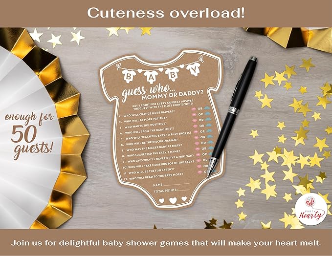 Party Hearty Baby Shower Games for Girl or Boy, 50 pcs Mommy or Daddy Guess Who Game, Fun Activity Cards, Gender Neutral, Baby Shower Ideas