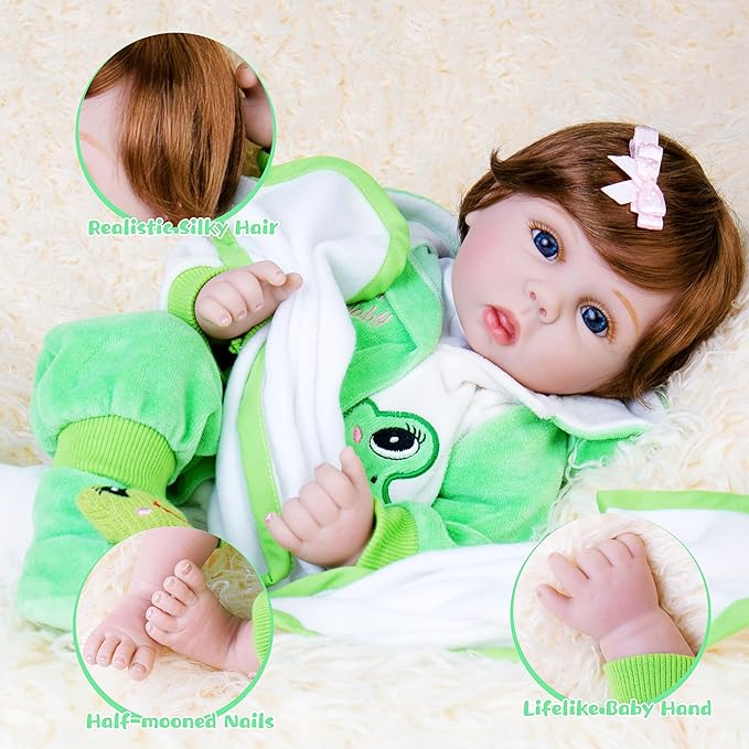 Reborn Baby Dolls 22-Inch Realistic Baby Doll Soft Cloth Body Real Life Baby Dolls with Green Frog Clothes Toys Accessories Birthday Gift Set for Kids 3+