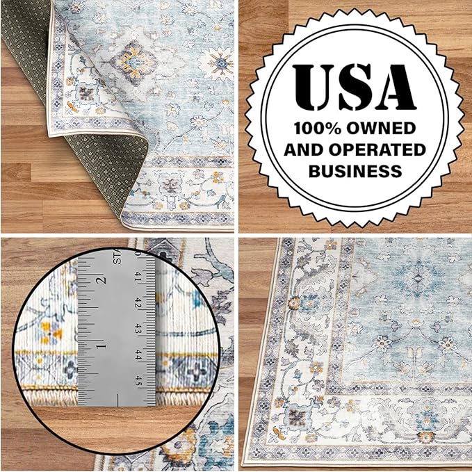 ReaLife Rugs Machine Washable Area Rug - Living Room Bedroom Bathroom Kitchen Entryway Office - Padded Low Pile Stain Resistant Premium - Boho Farmhouse Vintage - BEV - Blue Ivory 5' x 7'