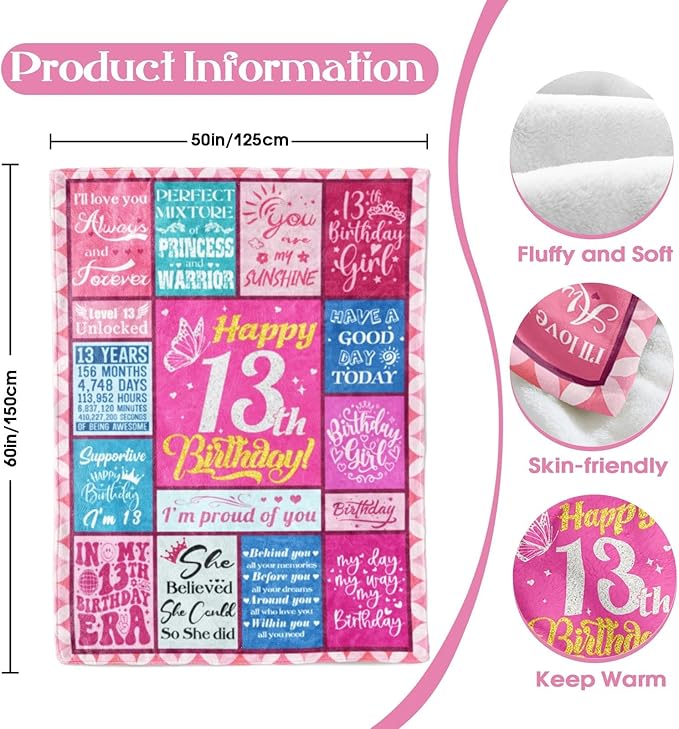 13th Birthday Gifts for Girls, 13 Year Old Girl Gifts, 13th Birthday Decorations for Girls, Gifts for 13 Year Old Girl, Teenager Girl Gift Ideas, Birthday Gifts for Teen Girls, Girls Blanket 50"x60"