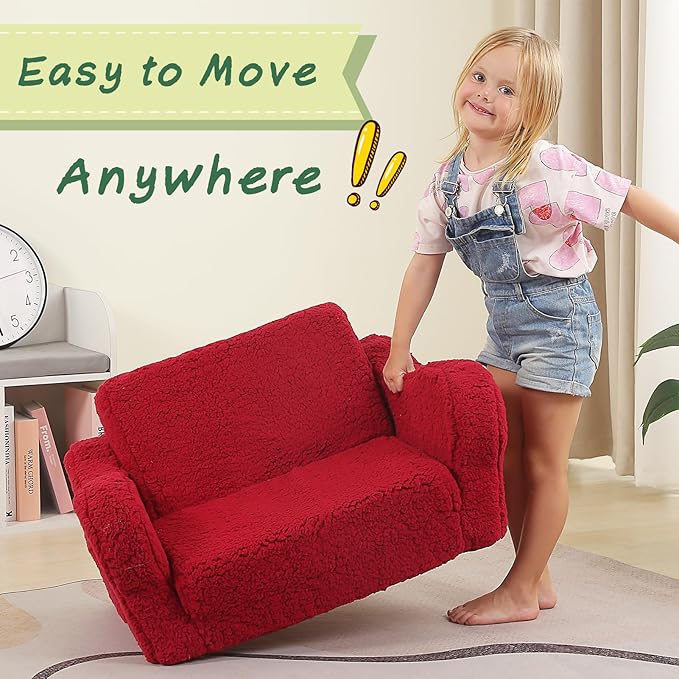 Kids Chairs for Toddler, 2-in-1 Toddler Soft Sherpa Couch Fold Out, Convertible Sofa to Lounger for Girls and Boys, Christmas Decor, Red