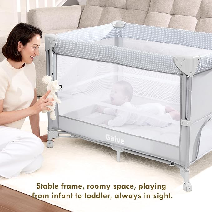 Baby Bassinet Bedside Crib, Pack and Play with Mattress, Diaper Changer, One-Push Setup Playards from Infants to Toddlers (Grey)