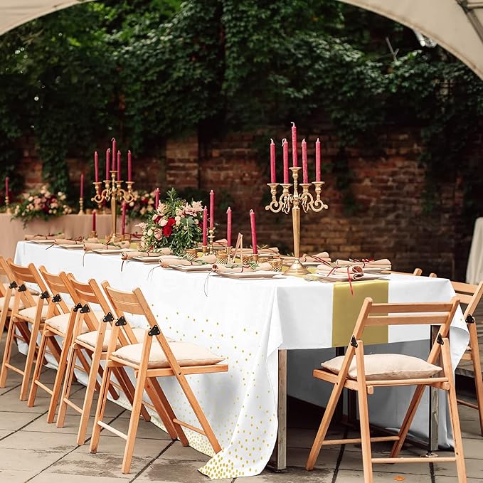 8Pack Disposable Plastic Tablecloths and Satin Table Runner Set White and Gold Dot Tablecloth Gold Satin Table Runner for Wedding Birthday Baby Shower Anniversary Christmas New Year Party Decorations