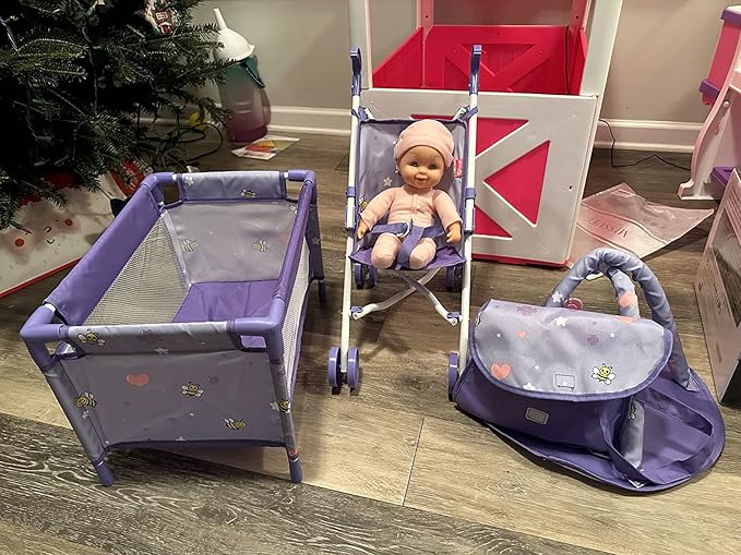 ANIVIA Baby Doll Stroller Set - Accessories Include Crib, Play Mat, Feeding Toy, Diaper Bag - Nursery Role Play Set (11" Doll Included)