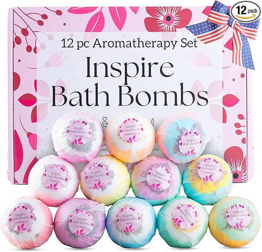 EvolutionUSA Inspire Bath Bombs for Women, 12 Gorgerous Flower Bath Bombs Topped with Dried Flowers, Luxurious Mother's Day Gift Set, Brithday Gift, Easter Gift or for Creating Lush Self Care Moment