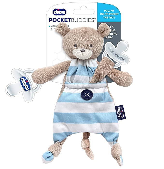 Chicco Pocket Buddies Soft Pacifier Holder-Lovey, Soothing Plush Toy Animal 0m+, Blue Bear