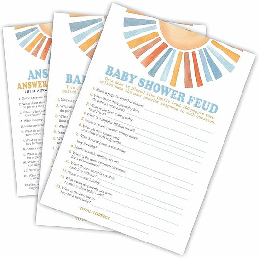 Retro Sunshine Baby Shower Feud Game Kit - Here Comes The Sun - 30 Double-Sided Game Cards & 1 Answer Card For Baby Shower, Gender Reveal Party Favor, Activity & Supplies - A06