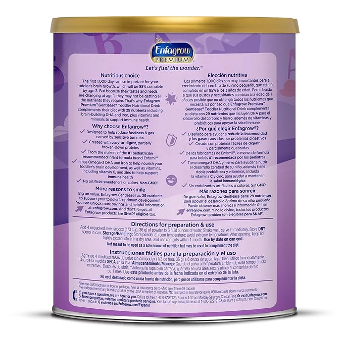 Enfagrow PREMIUM Gentlease Toddler Nutritional Drink, Made with Real Milk, Designed to Ease Fussiness, Gas & Crying, Brain-Building Omega-3, Nutrients for Growth & Immune Support, Powder Can, 29.1 Oz