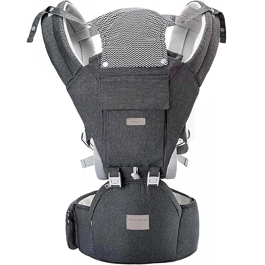 Baby Carrier with Hip Seat for Newborn to Toddler, Adjustable 6-in-1 Baby Carrier with Hip Seat Lumbar Support, Perfect for On-The-go, Grey