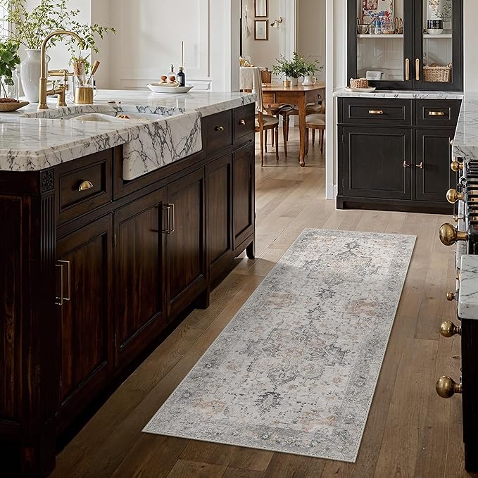 GENIMO Runner Rug 2x5 Non Slip Machine Washable Vintage Hallway Runner Rug, Low Pile Lightweight Rugs for Entryway, Hallway, Kitchen and Corridor, Light Taupe Brown