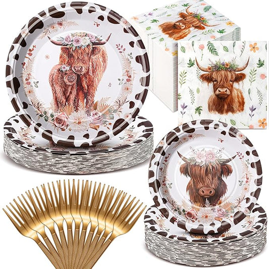 Domensi 200 Pcs Highland Cow Party Supplies for 50 Guests Include 100 Pcs Cow Print Plates 50 Napkins Paper 50 Forks Farm Animal Theme Party Tableware Kit for Birthday Baby Shower Decorations