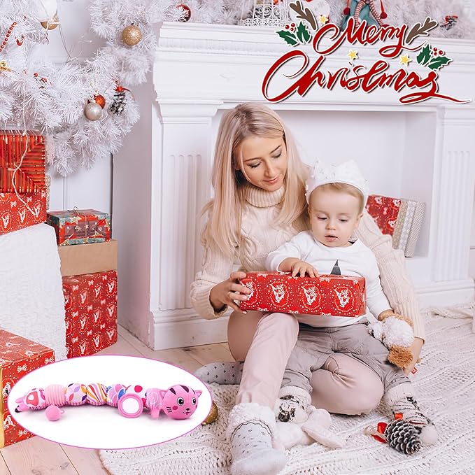 Baby Toys 0 to 12 Months, Stuffed Animal Infant Tummy Time Toys Sensory Toys with Crinkle Rattles Textures and Mirror Gifts for Newborn Boys Girls, Cat Caterpillar Musical Toys (Pink)