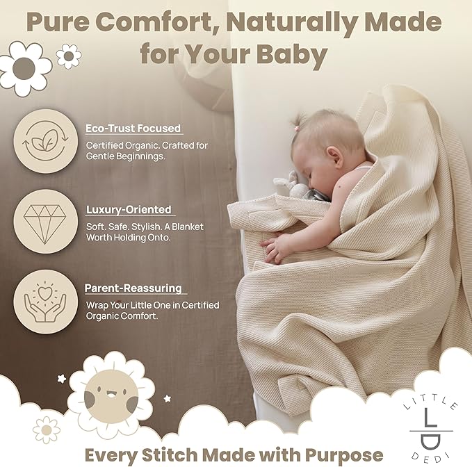 100% Organic Cotton Baby Knitted Blanket with Gift Box - Soft Toddler, Crib, Stroller Blanket - Neutral Swaddle and Receiving Blanket for Newborns, 30"x40", Color Earth Ivory