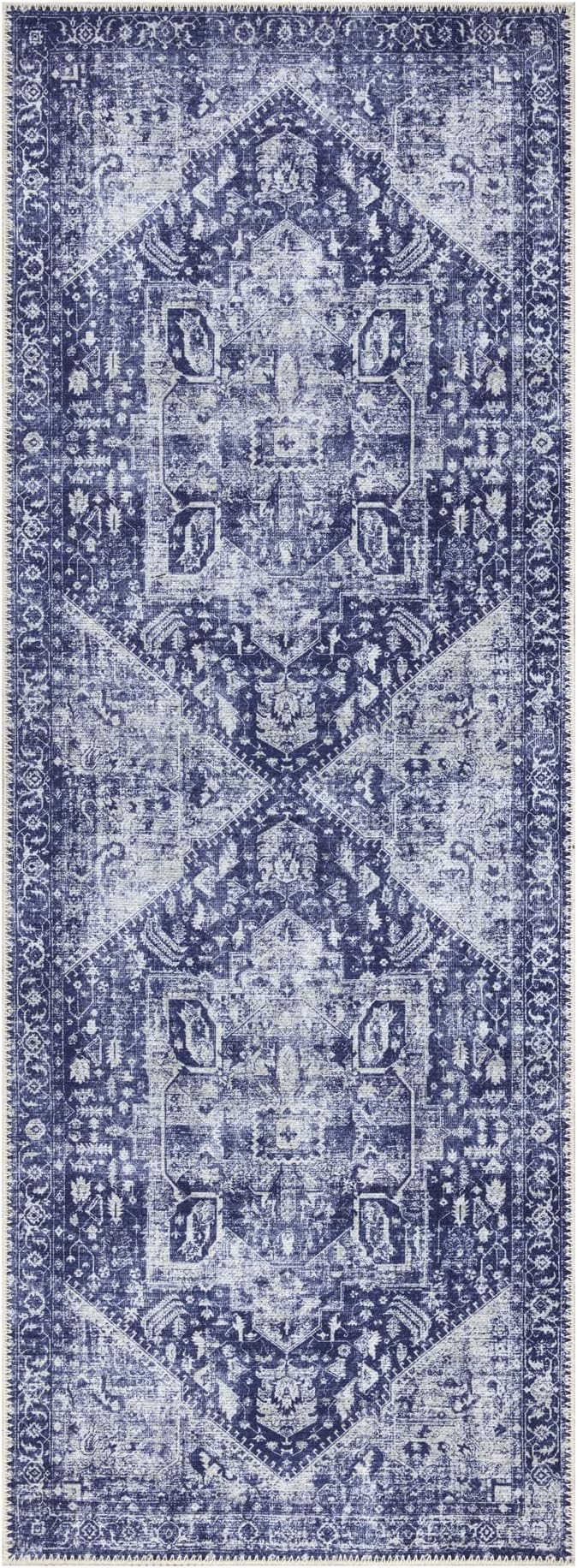 Bloom Rugs Washable Non-Slip 7 ft Runner - Blue/Ivory Traditional Runner for Entryway, Hallway, Bathroom, and Kitchen - Exact Size: 2.5' x 7'