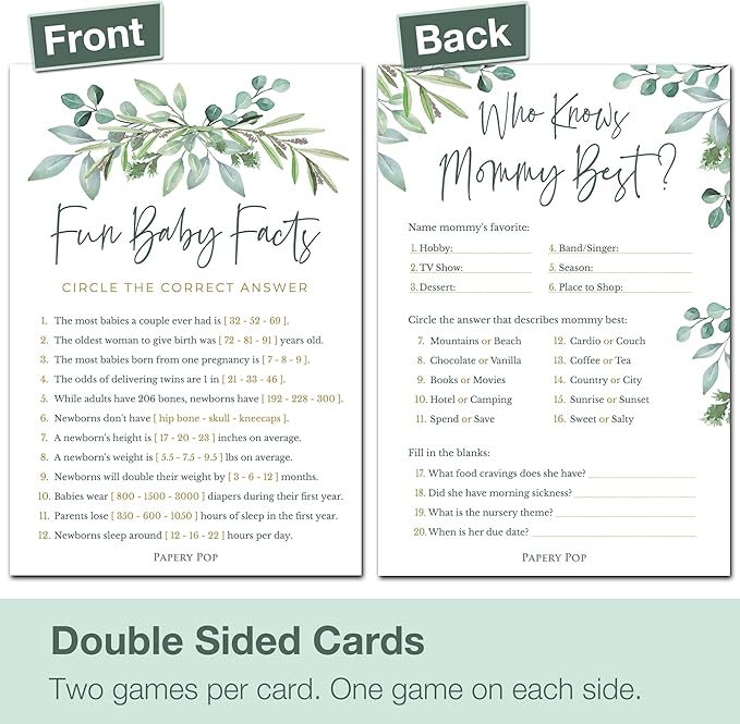 Papery Pop Baby Shower Games - Set of 4 Games for 25 Guests - Double Sided Cards - Eucalyptus