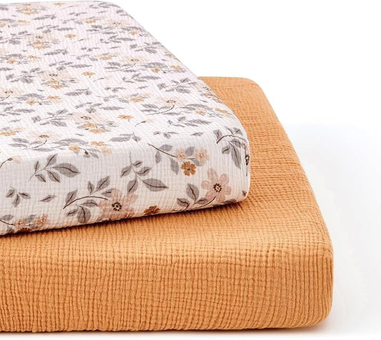 TILLYOU Muslin Mini Crib Sheets 2 Pack, Pack and Play Mattress Sheets Fitted for Pack N Play, 38'' x 26'' Sheet for Toddler, Yellow Flower