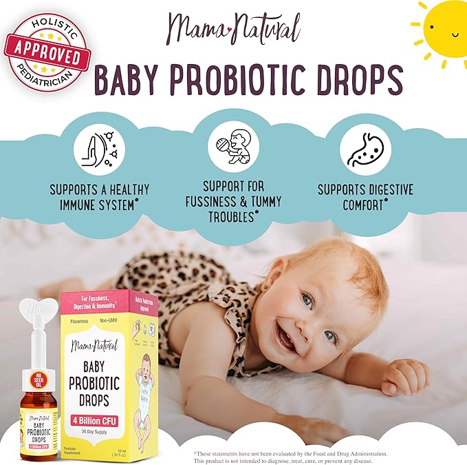 Mama Natural Baby Probiotic Drops | Pediatrician-Approved Infant Probiotic Colic Drops – Infant Gas, Constipation, Fussiness & Immune Support Supplement – 10 Strains & 4 Billion CFU with MCT Oil