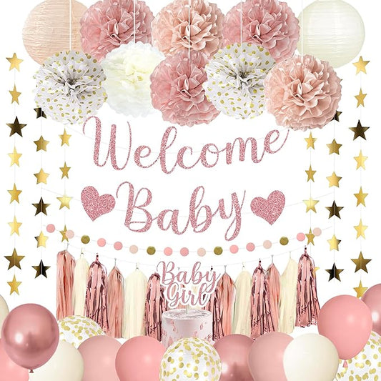 Amandir Dusty Pink Girl Baby Shower Decorations Welcome Baby Banner, Cake Topper, Paper Lanterns, Gold Balloons Pom Poms Flowers Tassels, Circle Dots Star Garland Gender Reveal Birthday Party Supplies