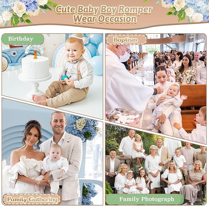 Booulfi Baptism Christening Outfits for Boys Easter White Romper Baby Romper Church Newborn Clothes