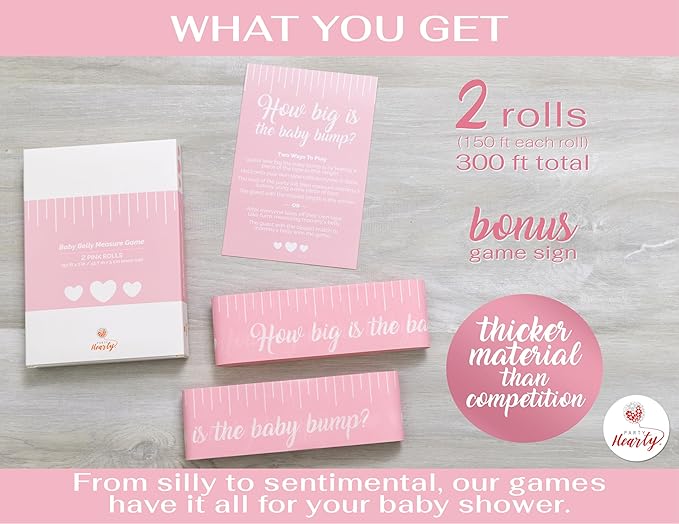 Party Hearty Funny Baby Shower Games for Girl Activities, 2 Rolls, 2 inches x 150 feet, Pink Tummy Measure, Fun & Easy Idea