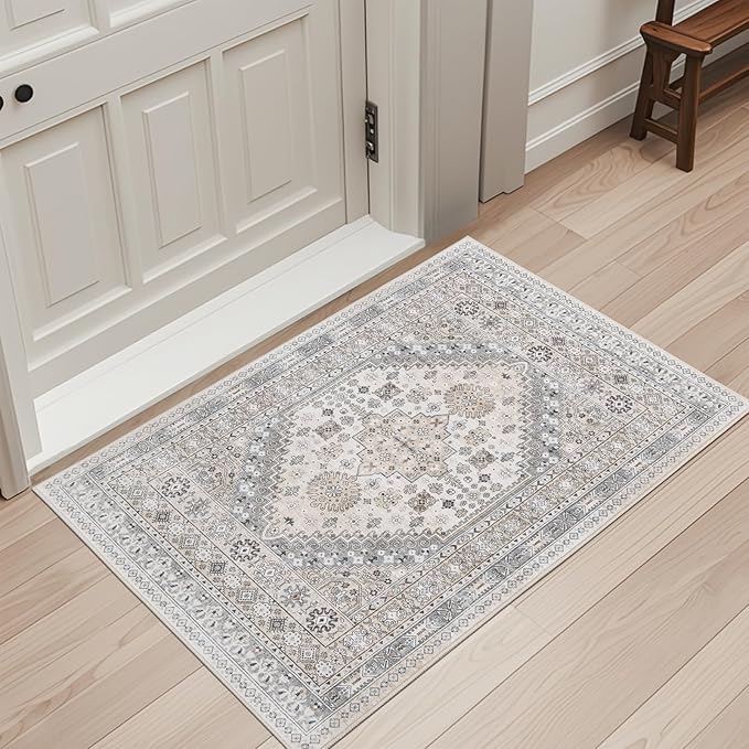zesthome 2x3 Entryway Rug, Soft Washable Rugs, Non Slip Area Rug, Stain Resistant Low Pile Rugs for Bedroom, Vintage Rug for Door Mat, Kitchen (Beige,2'x3')