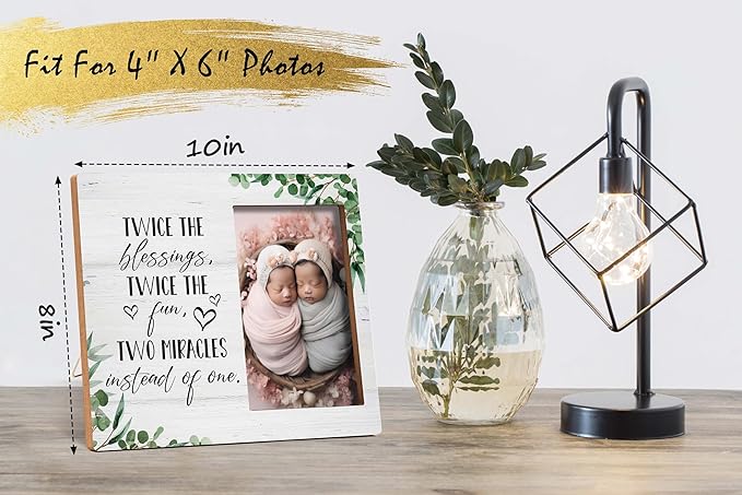Twins Photo Frame - Twice The Blessings Twice The Fun Pregnancy Announcement Picture Frame - Baby Twin Gifts - Twin Boys Girls Gifts For Babies, Twins Gifts For Mom -B04