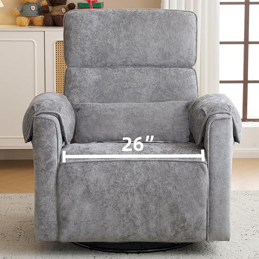 Oversized Power Recliner Chair, 26" Extra Wide Swivel Rocker Recliner with Adjustable Headrest, Chenille Glider Rocking Nursery Chair with Overstuffed Armrest, USB Ports, Grey