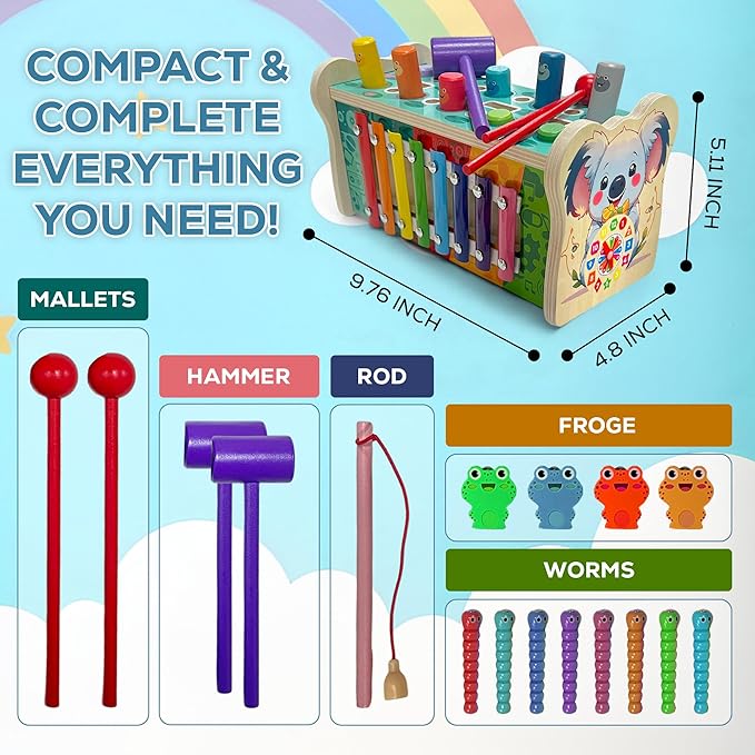 Montessori Wooden Hammering Toy – 6-in-1 Xylophone, Pound Bench, Shape Sorter & Learning Tool for Toddlers | Educational Musical Toy for Boys & Girls Ages 1–5 | Develops Motor Skills & Sensory Play