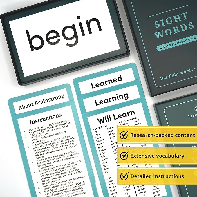 400 Essential Reading Sight Words | Ages 6-8 | Kindergarten - 2nd Grade Classroom Curriculum | Build Vocabulary & Reading Skills | Brainstrong Premium 4-Level Box Set | 200 Flashcards