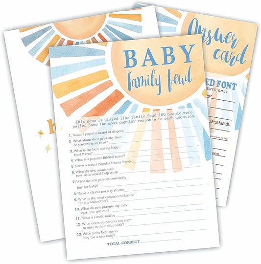 Baby Family Feud - Retro Sunshine Baby Shower Game Set - 30 Game Cards + 1 Answer Cards - Watercolor Sun Theme Baby Shower Game Kit, Gender Reveal, Baby Announcement Party Favor & Supplies - A05