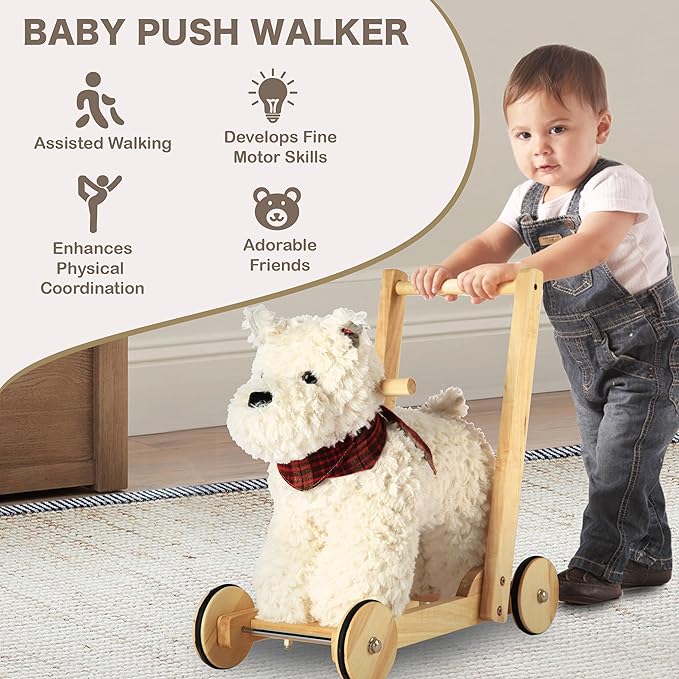Wooden Baby Walker, 2-in-1 Baby Push Walker & Ride On Toy for Toddlers 12M+, Learning to Walk Toy with Sweet Music, Soft Cuddly Dog Toy for Boys Girls (Scottie Dog) CPC Certified