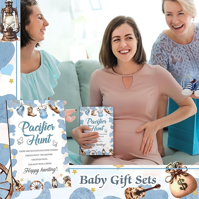 Thyle 51 Pcs Pacifier Hunt Baby Shower Games Include Hunt Sign and 50 Acrylic Pacifiers for Baby Shower Game Decoration Gift Sets Gender Reveal Party Decor(Cowboy)