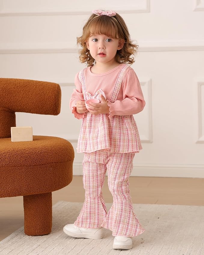Kucnuzki Toddler Baby Girl Clothes Outfit Long Sleeve Plaid T Shirt Top Flare Leggings Pants 2 Piece Outfit Kids Clothes