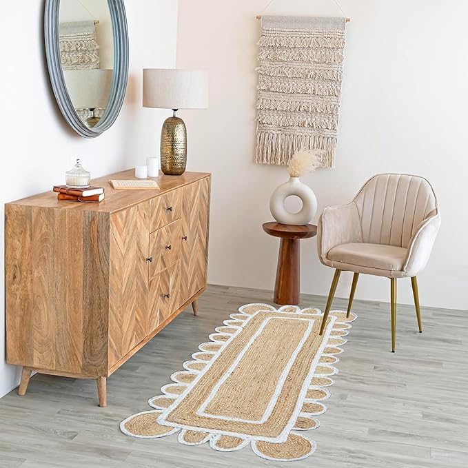 Shiv Shakti Exports Scalloped Natural Jute Area Rug, Natural Base Off White Trim (2.6x6 Feet)