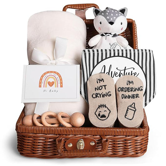 Baby Shower Gifts, Baby Gifts for Girls Boys, Unique Baby Gifts Basket Essentials Stuffs - Baby Lovey Blanket Newborn Bibs Socks Wooden Rattle & Greeting Card, Newborn Baby Gift Set
