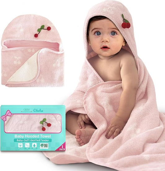 VOOVA & MOVAS Baby Hooded Bath Towel - 100% Cotton,35.5x24 Inches,0-3Years, Super Absorbent Large Towel with Cute Dino Hood for Newborn, Baby, Toddler,Pink Cherry