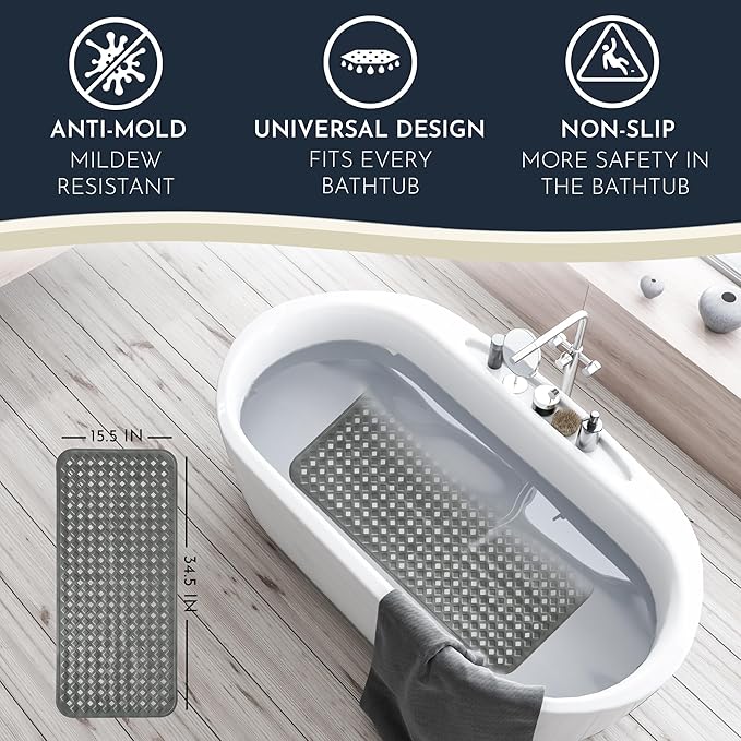 homerella® Bath Mat for Tub Non Slip Mold Resistant 35x16 - Shower Mat Non Slip Anti Mold - Bath Tub Mat Suction Cups incl. Hooks for Drying - Bathtub Mat Non Slip - ANI Slip Shower Mat Inside Tub