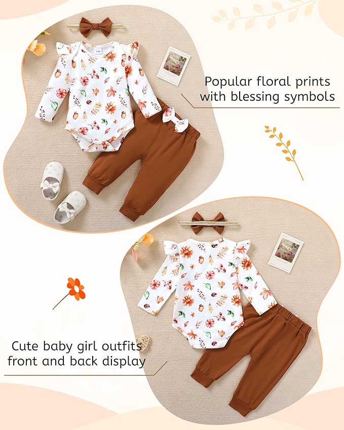 YALLET Baby Girl Clothes Newborn Infant Girl Outfits Floral Romper+Pants+Headband Fall Baby Layettes for Clothing 0-18 Months