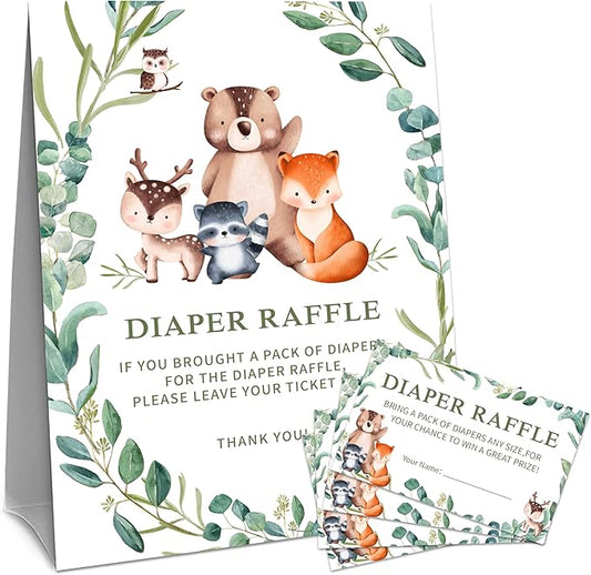 Greenery Animals Diaper Raffle Set For Baby Shower - 50 Raffle Tickets With 1 Standing Sign - Baby Announcement, Gender Reveal Baby Shower Party Decoration Game Set - A04