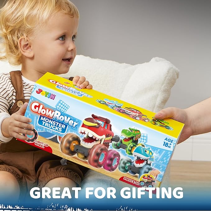 JOYIN 3 Pack Monster Truck Toy - Motion Activated Light-Up Cars for Toddlers - Monster Treads Lightning Wheels - Baby Toy Present - Press & Go Cars for Boys Girls Birthday Gifts for Christmas