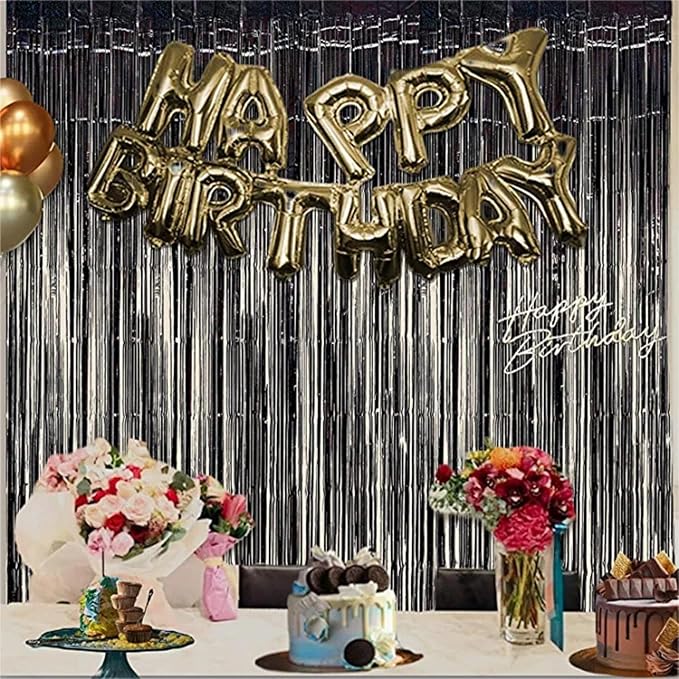 BRAVESHINE Black Gold Foil Fringe Curtain Backdrop - 2 Pack 3.2 x 8.2 ft Metallic Tinsel Photo Booth Streamers Curtains for 50th Birthdays Christmas New Years Anniversary Graduates Party Decorations
