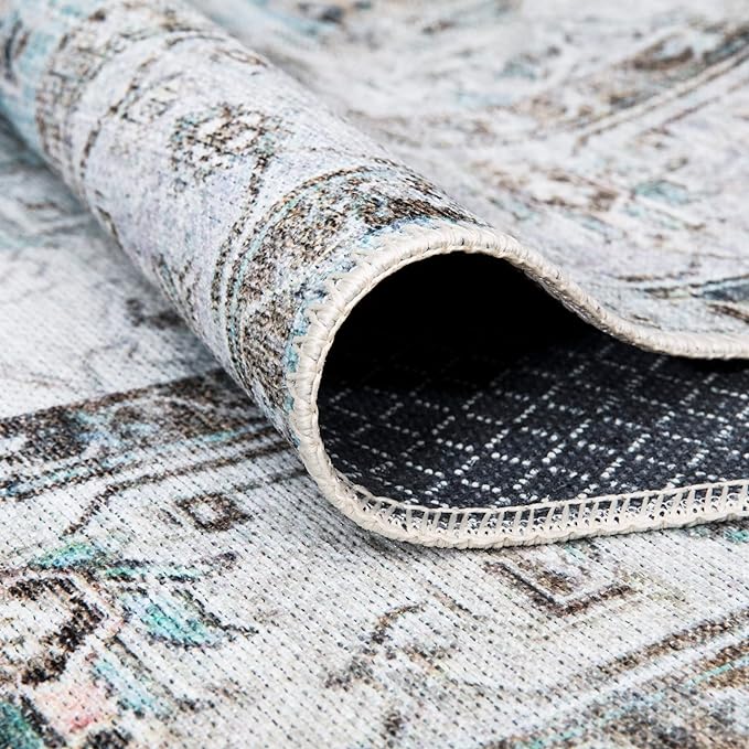 Bloom Rugs Washable Non-Slip 12 ft Runner - Beige/Blue Traditional Runner for Entryway, Hallway, Bathroom, and Kitchen - Exact Size: 2.5' x 12'