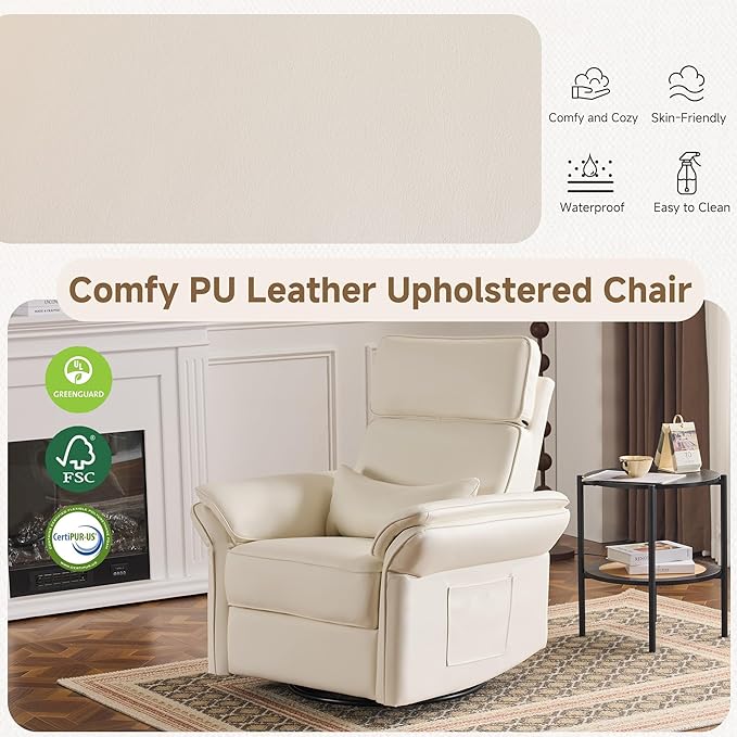 Power Recliner Rocking Chair Nursery Gliders with Adjustable Armrests and Headrest, Swivel Electric Glider Reclining Nursing Chair with USB Port and Storage Bags, FSC Certified(Leather, Beige)