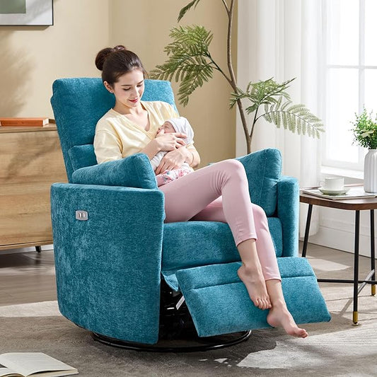Power Swivel Glider Rocking Recliner, Electric Rocking Chair with USB Port for Living Room Bedroom Upholstered Nursery Chair Adult Rocking Chair with 2 Pillows (Blue, Power-Driven)