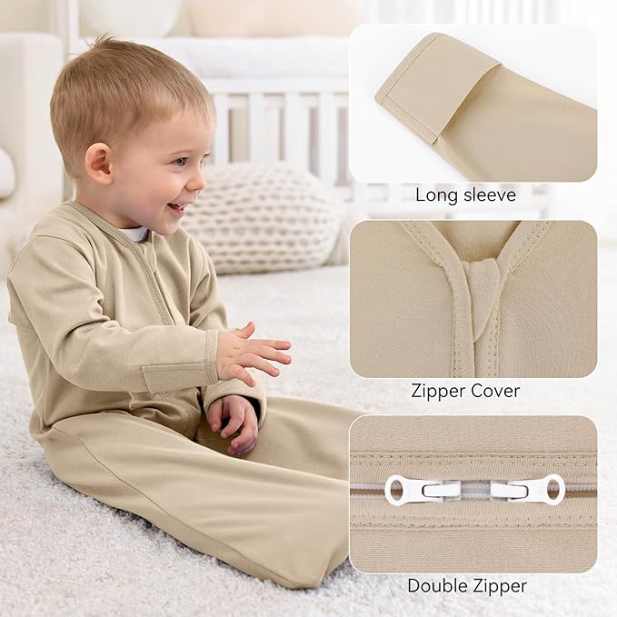Baby Sleep Sack 12-18 Months, Long Sleeve Baby Wearable Blanket 0.5 Tog with Mittens, 2-Way Zipper Toddler Cotton Sleeping Sack for Boy and Girl Khaki Animal 2 Pack(Large)