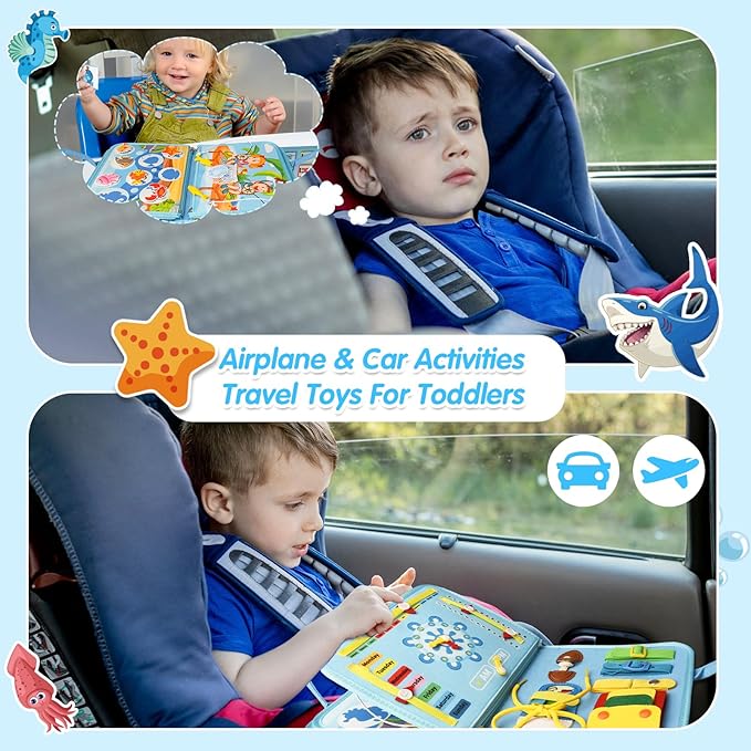 Busy Board Montessori Toys for 1 2 3 4 Year Old Boys & Girls Birthday Gifts, Toddlers Sensory Educational Travel Activities Busy Book with Fishing Game & Alphabet Puzzle & Fine Motor Skills