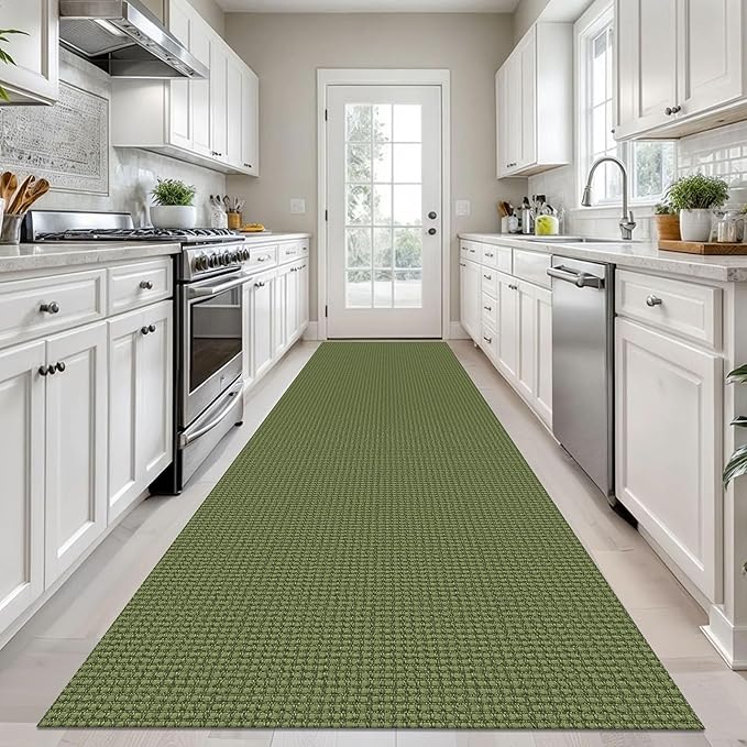 KOZYFLY Long Runners for Hallways 3x12 ft Washable Kitchen Runner Non Slip Rubber Backed Hallway Rugs Cotton Entryway Runner Rug Floor Carpet for Indoor Hall, Kitchen, Olive Green/Earthy Green