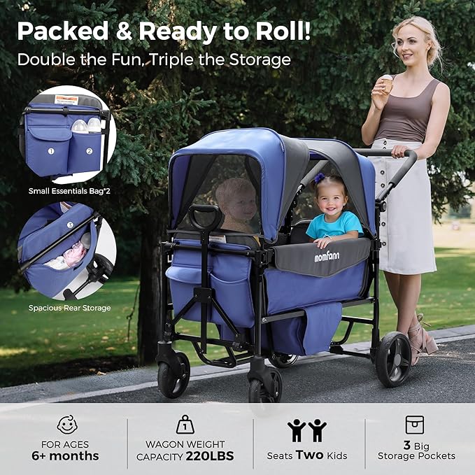 Stroller Wagon for 2 Kids,Foldable Wagon Stroller with Canopy, All-Terrain Parent Organizer, Adjustable Handle & Pull Bar Baby Wagon for Infants and Toddlers, Lavender Blue